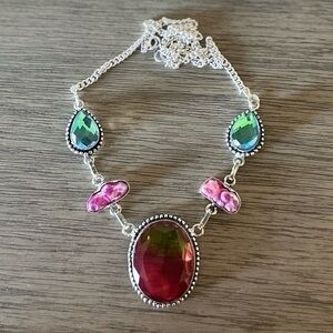 0908 Bi-Color Tourmaline Biwa Pearl Necklace Handmade Silver Statement J…